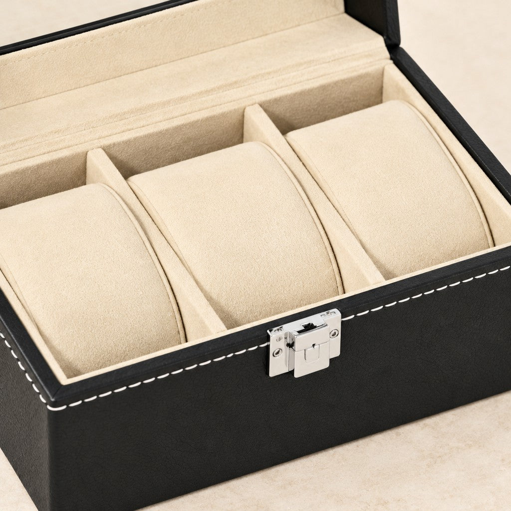 Close-up of the lining and clasp of the 3-slot black faux leather watch box