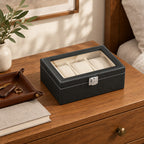 3-slot black faux leather watch box on a chest of drawers, for scale