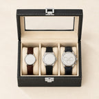 Top view of the 3-slot black faux leather watch box with a 36 mm, a 42 mm and a 45 mm watch