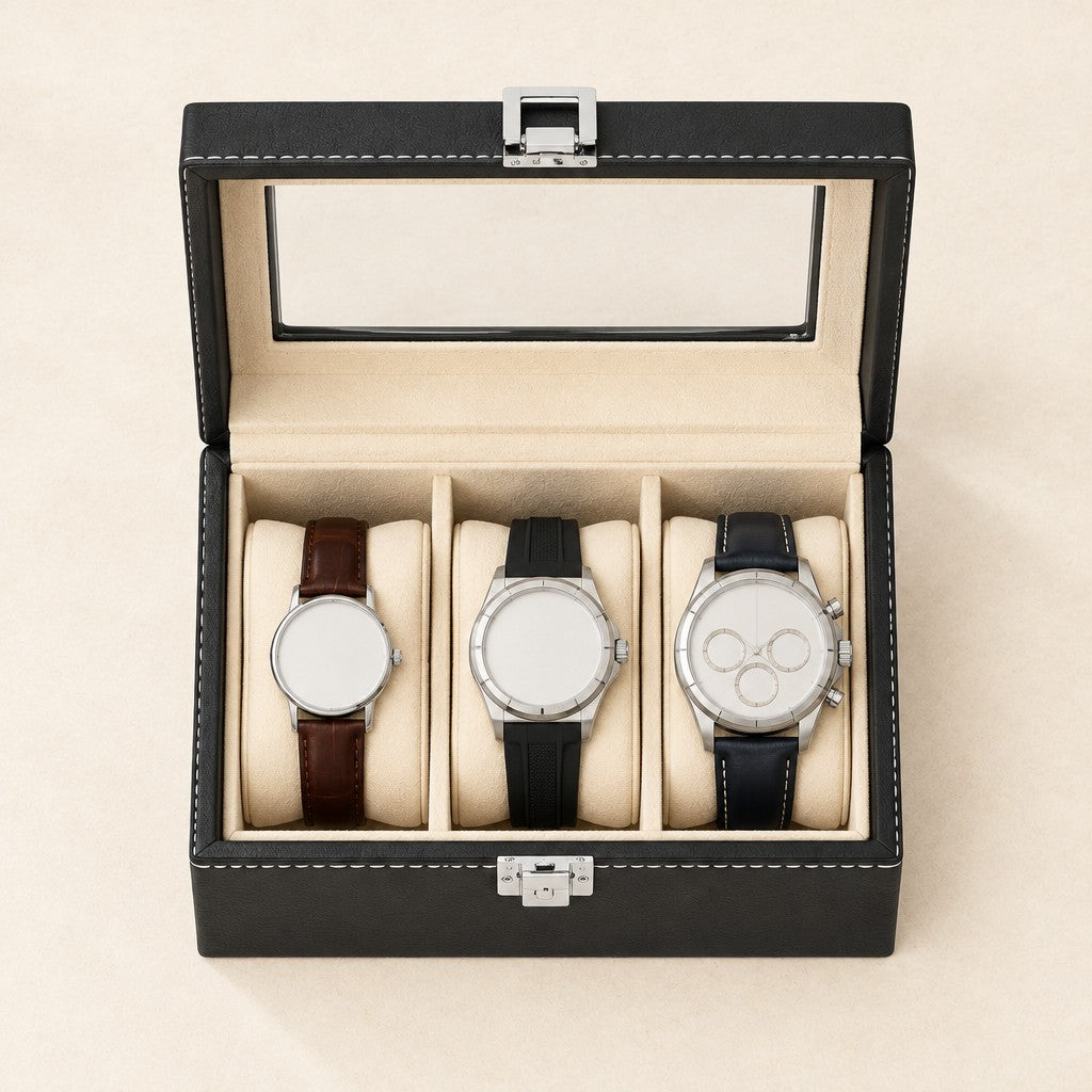 Top view of the 3-slot black faux leather watch box with a 36 mm, a 42 mm and a 45 mm watch