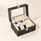 3-slot black faux leather watch box with the lid open