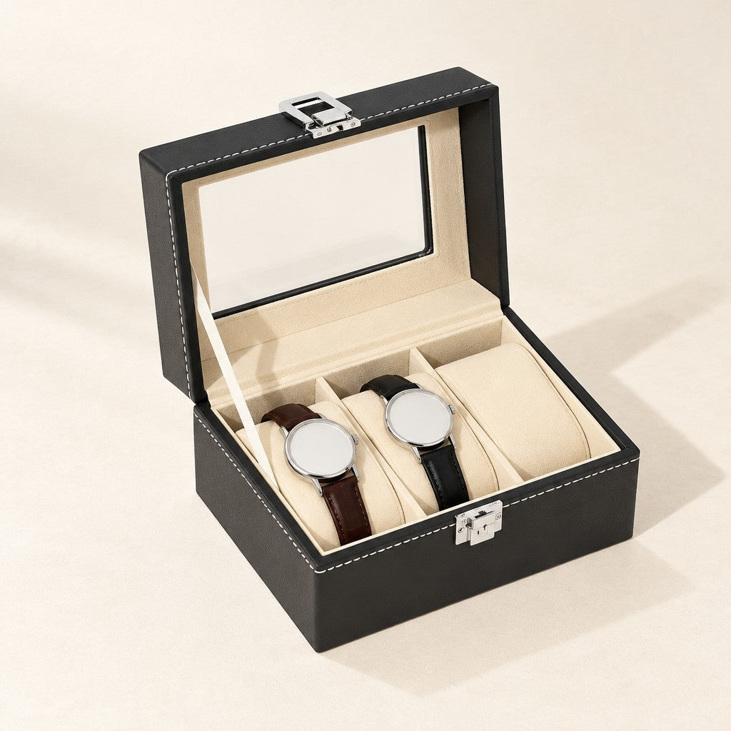3-slot black faux leather watch box with the lid open
