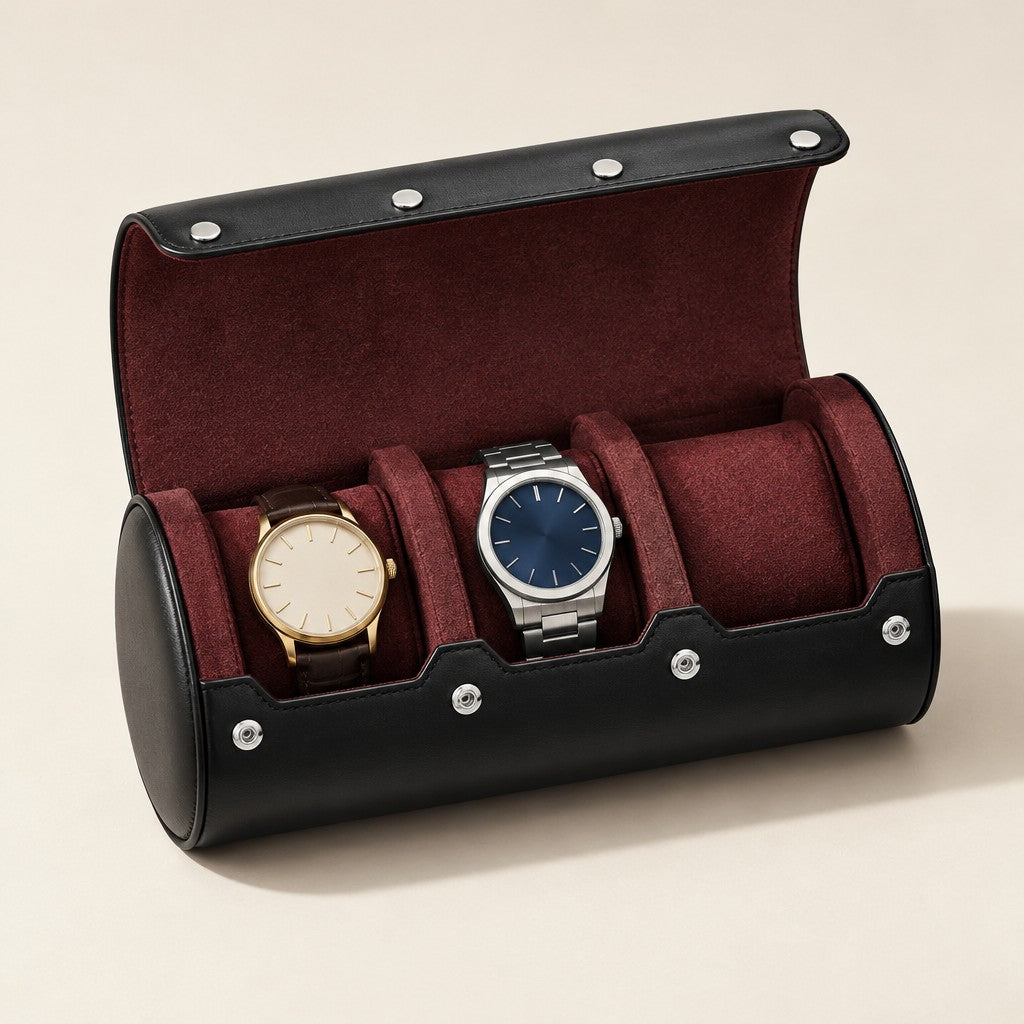 3-slot black faux leather watch roll with burgundy interior, open