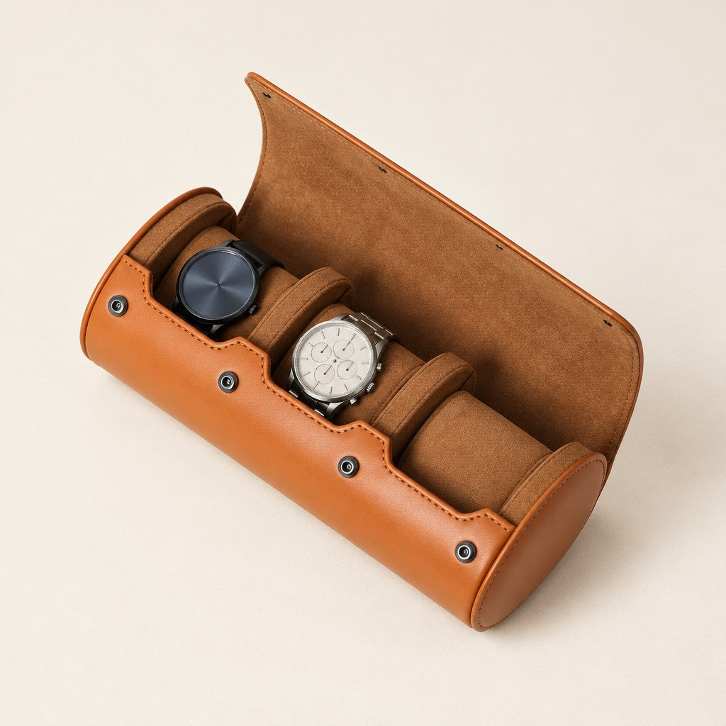 3-slot brown faux leather watch roll open, two watches on tan pillows