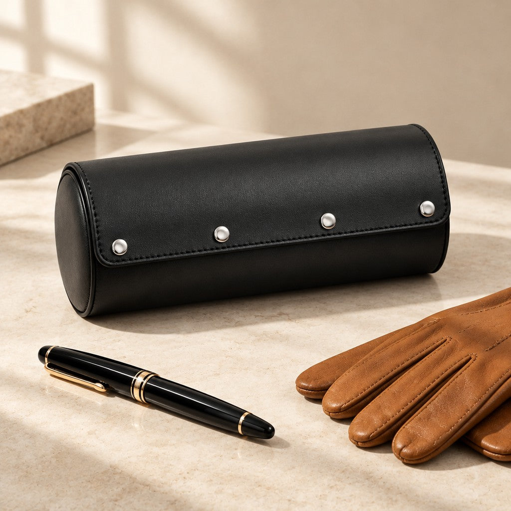 Faux leather watch roll closed, beside a fountain pen and leather gloves