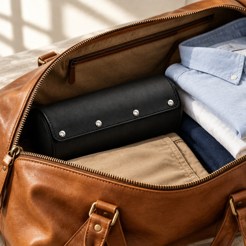 Watch roll inside an open leather weekender bag