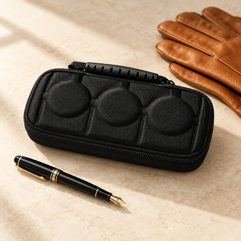 3-slot hard-shell watch case closed, beside a fountain pen and leather gloves