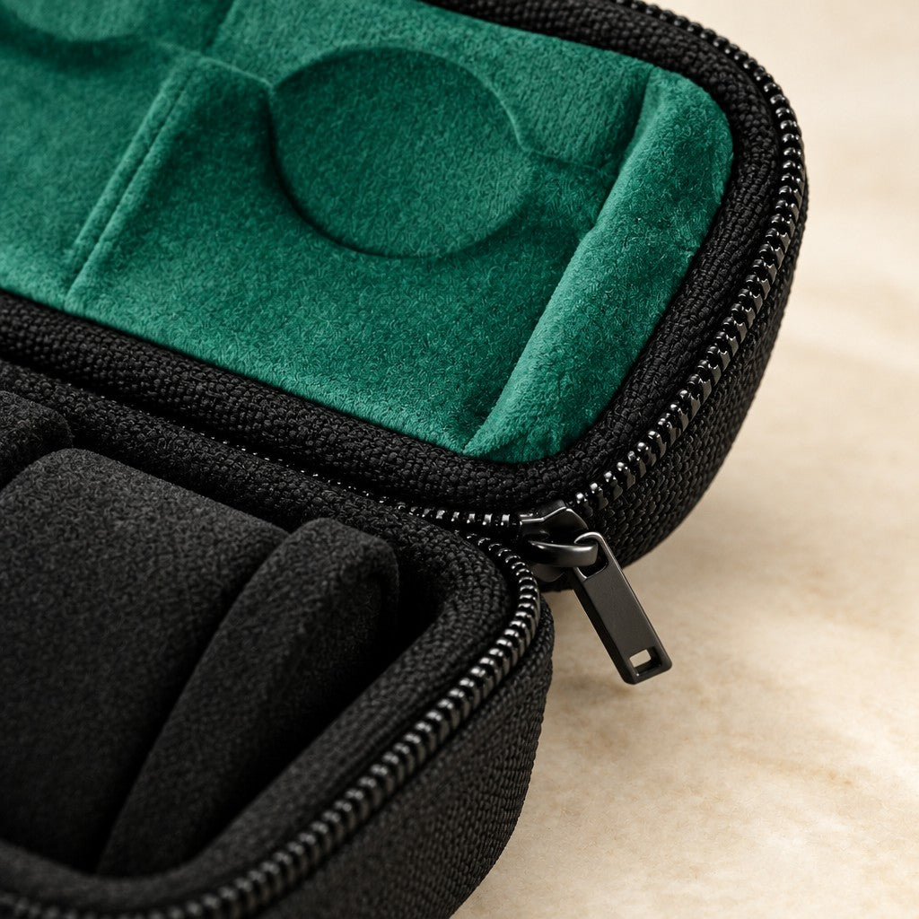 Close-up of the microfiber lining and zipper of the hard-shell watch case