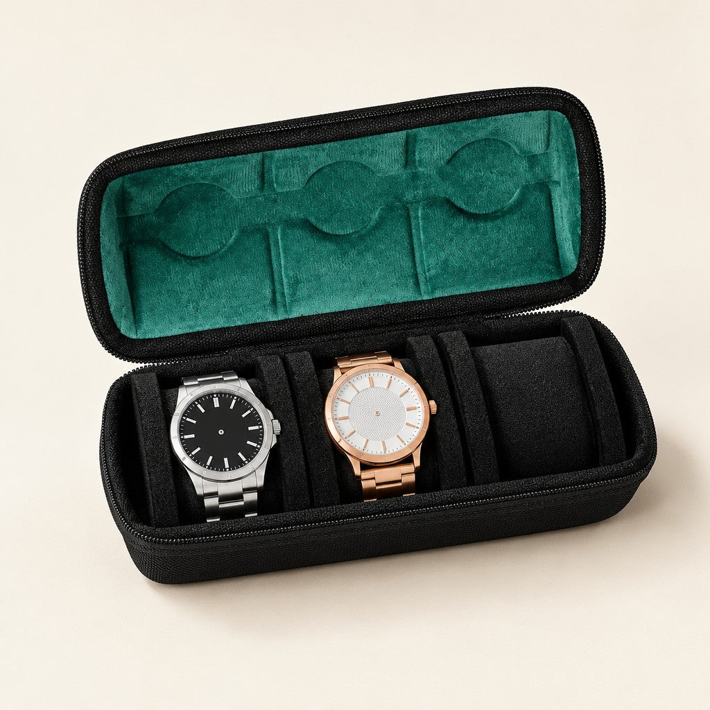 3-slot hard-shell watch travel case with green lining, open