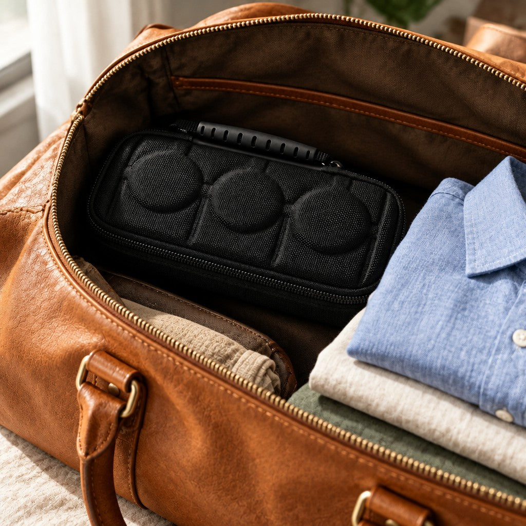 3-slot watch travel case inside an open leather weekender bag
