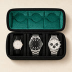 Top view of the open travel case with three watches of different sizes