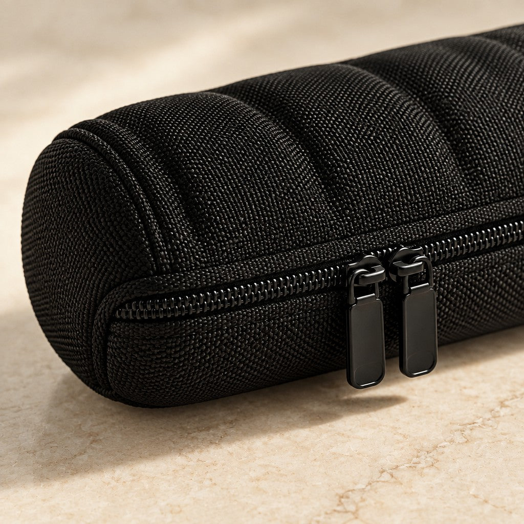 Close-up of the textured shell and twin zipper pulls of the 3-slot watch case