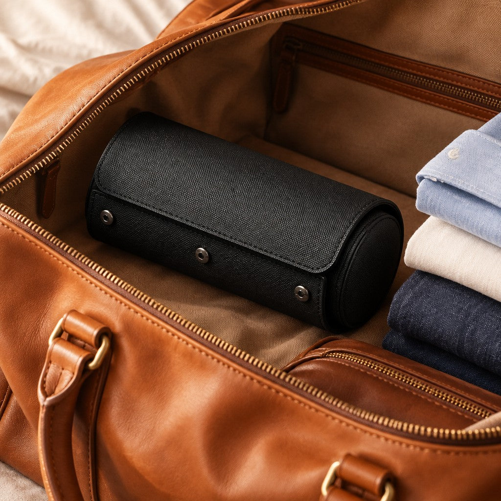 3-slot leather watch roll packed in a leather weekender bag