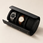 Black 3-slot leather watch roll open