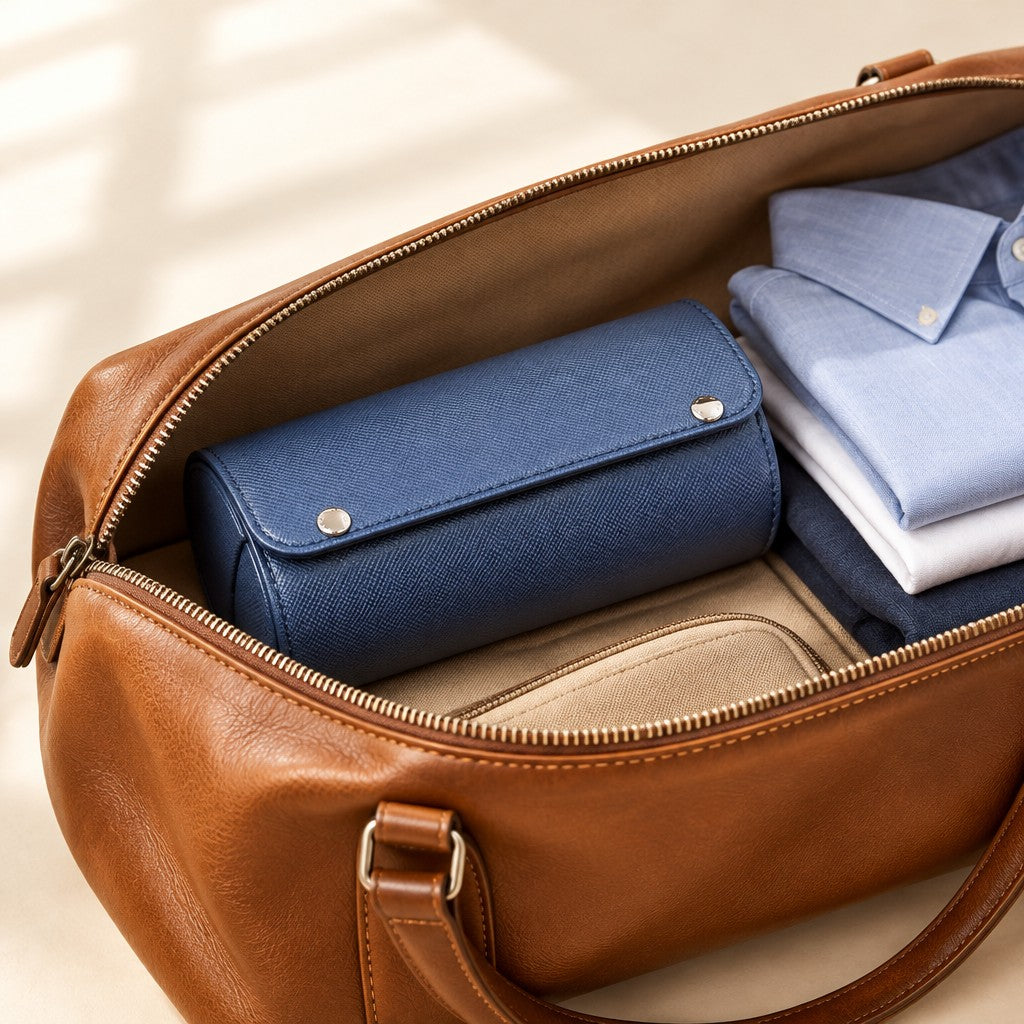 3-slot navy watch roll packed in an open leather weekender bag