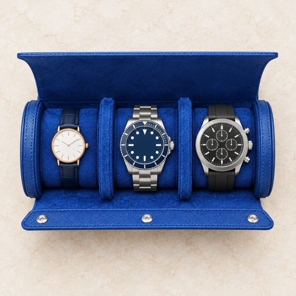 Top view of the open 3-slot navy roll with watches of three sizes