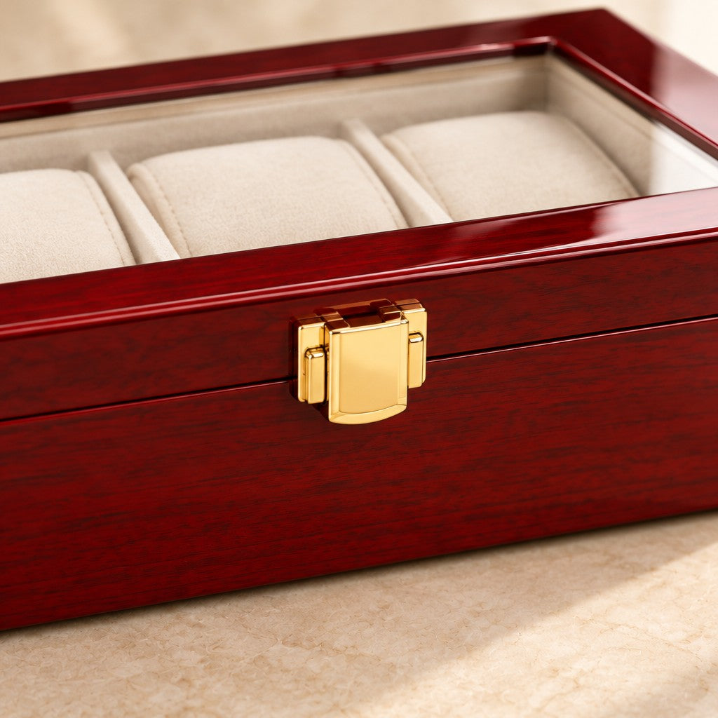 Close-up of the gold-tone clasp and red lacquer of the 3-slot watch box