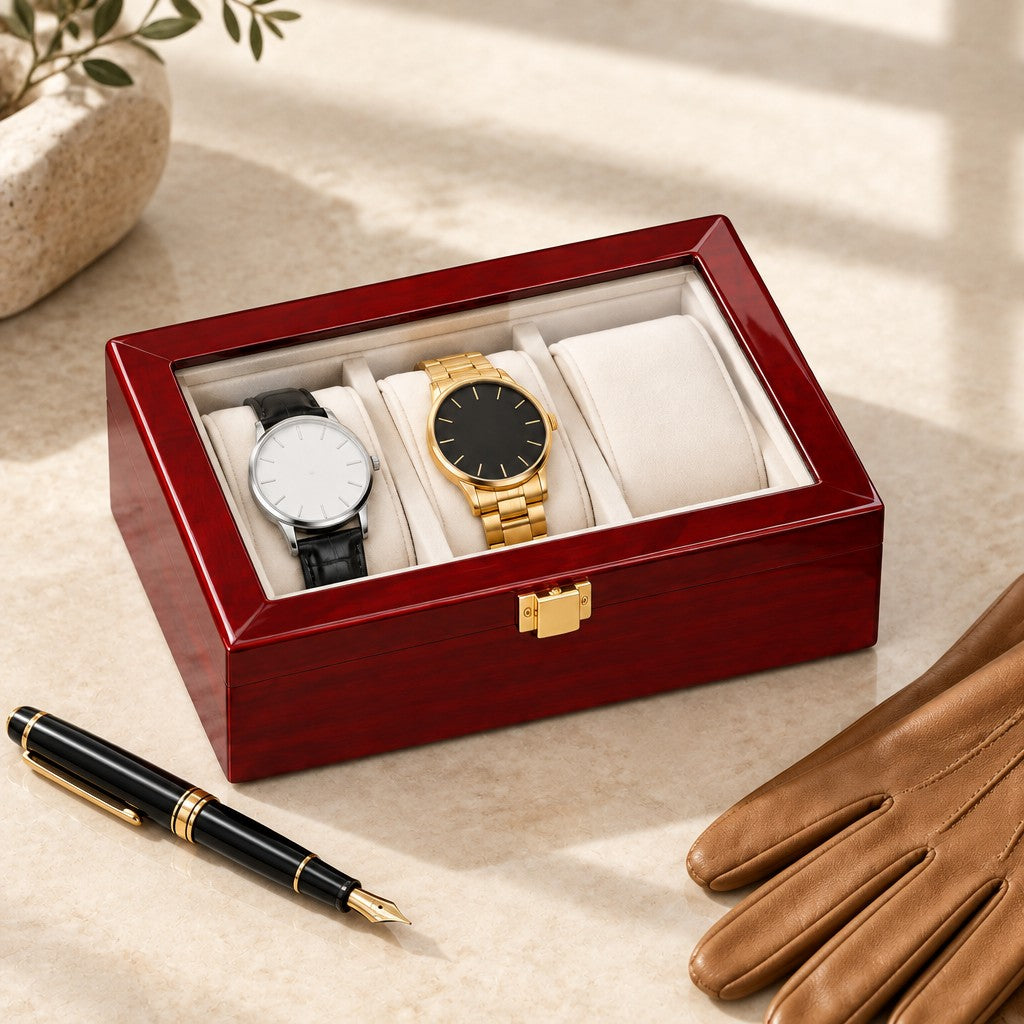 3-slot red lacquered watch box closed, beside a fountain pen and leather gloves