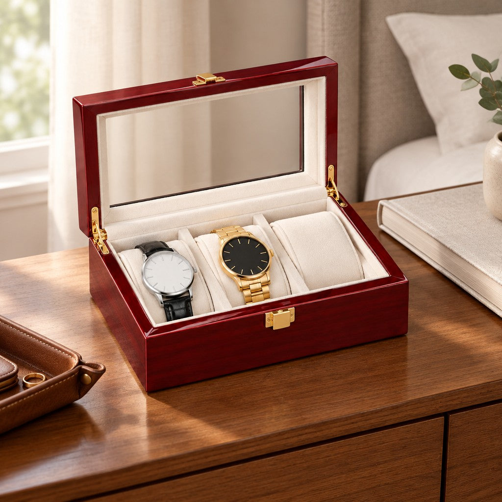 3-Slot Red Lacquered Wooden Watch Box with Glass Lid on a chest of drawers, for scale