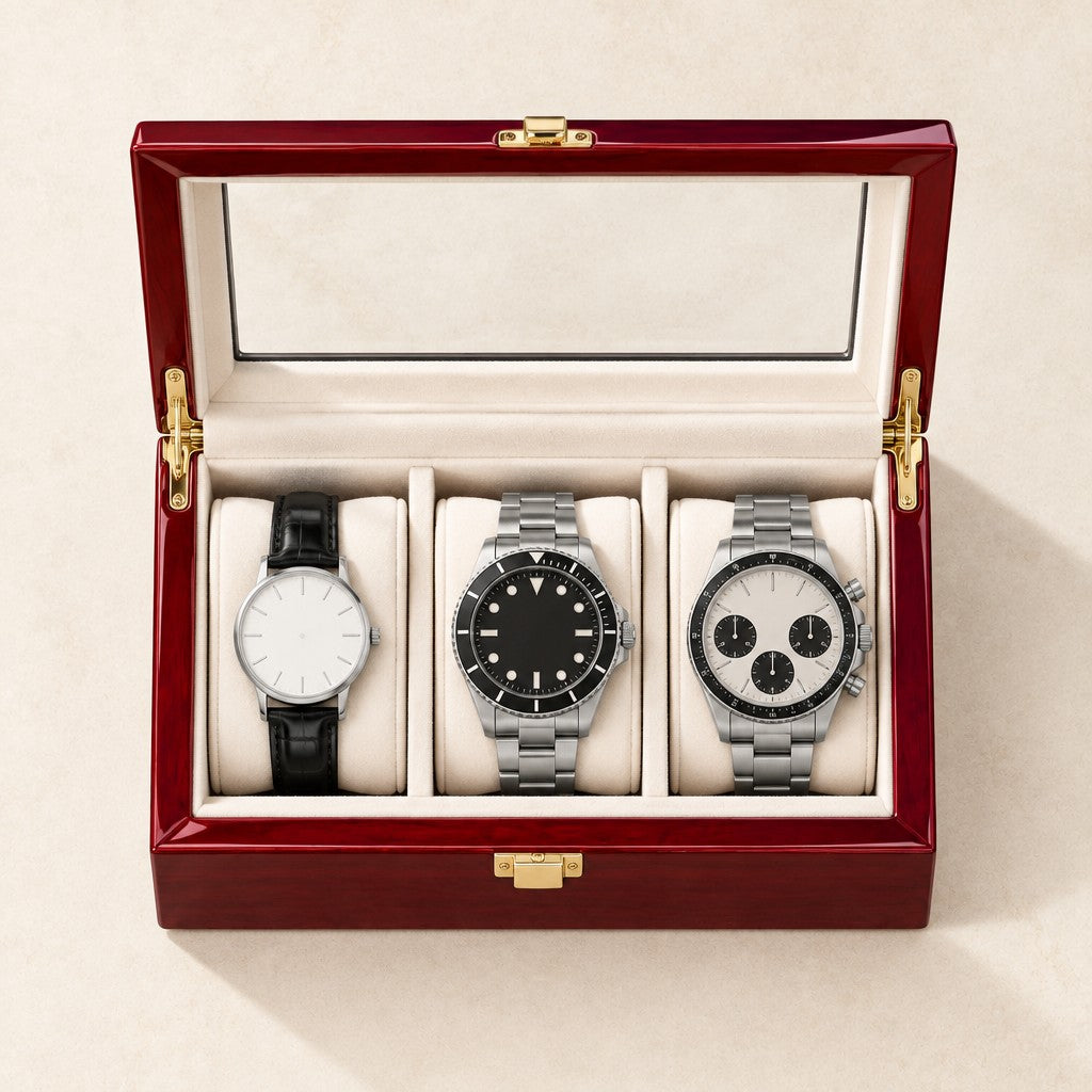 Top view of the 3-Slot Red Lacquered Wooden Watch Box with Glass Lid open, with a 36 mm, a 42 mm and a 45 mm watch