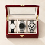 Top view of the 3-Slot Red Lacquered Wooden Watch Box with Glass Lid open, with a 36 mm, a 42 mm and a 45 mm watch