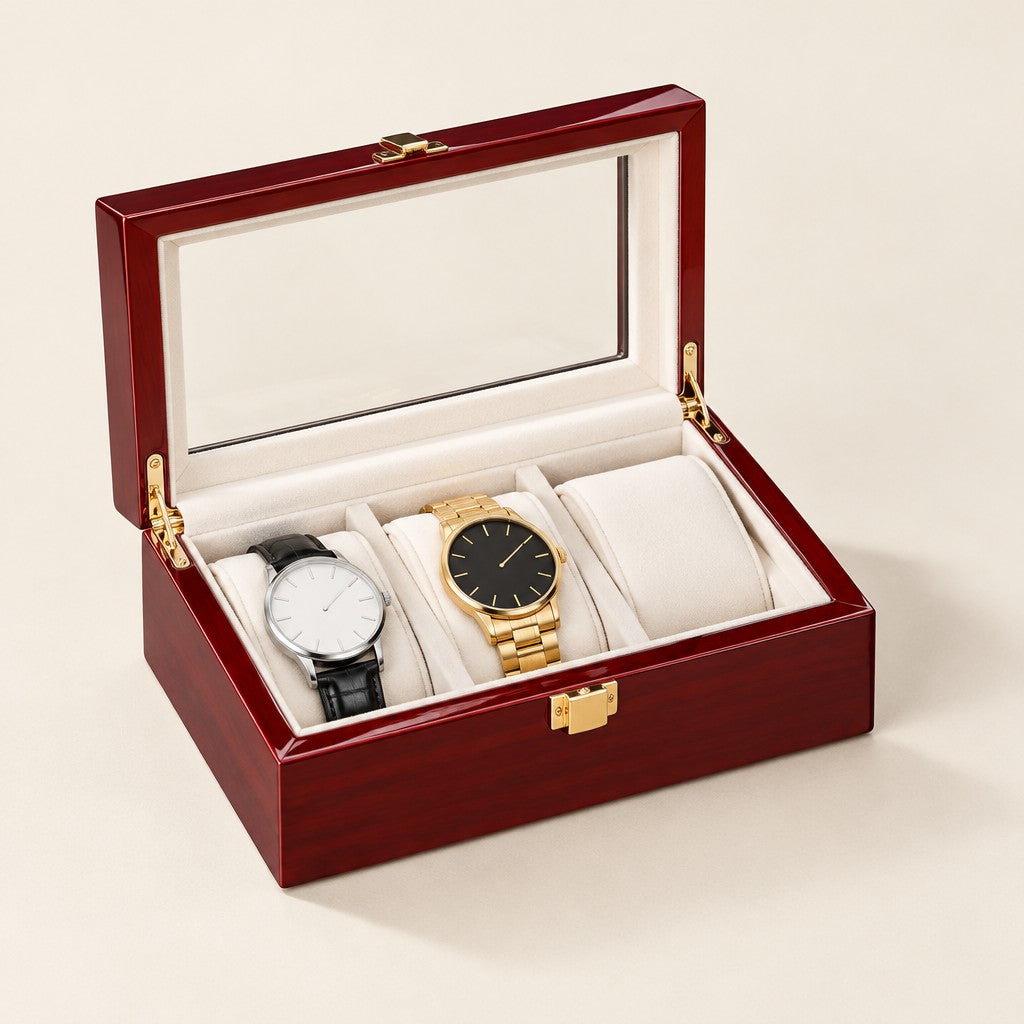 3-slot red lacquered watch box with the glass lid open and two watches
