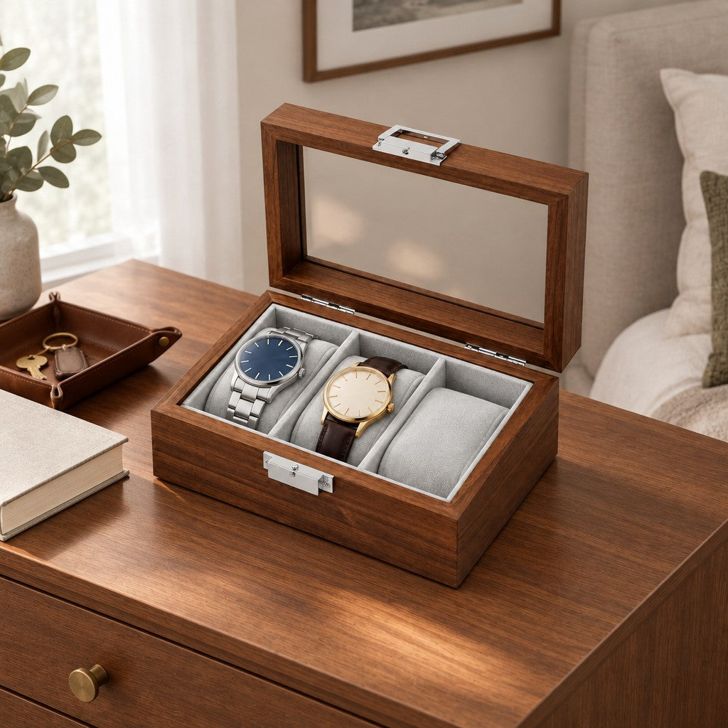 3-Slot Walnut-Finish Watch Box with Glass Lid on a chest of drawers, for scale