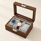 3-slot walnut-finish watch box with the glass lid open and two watches