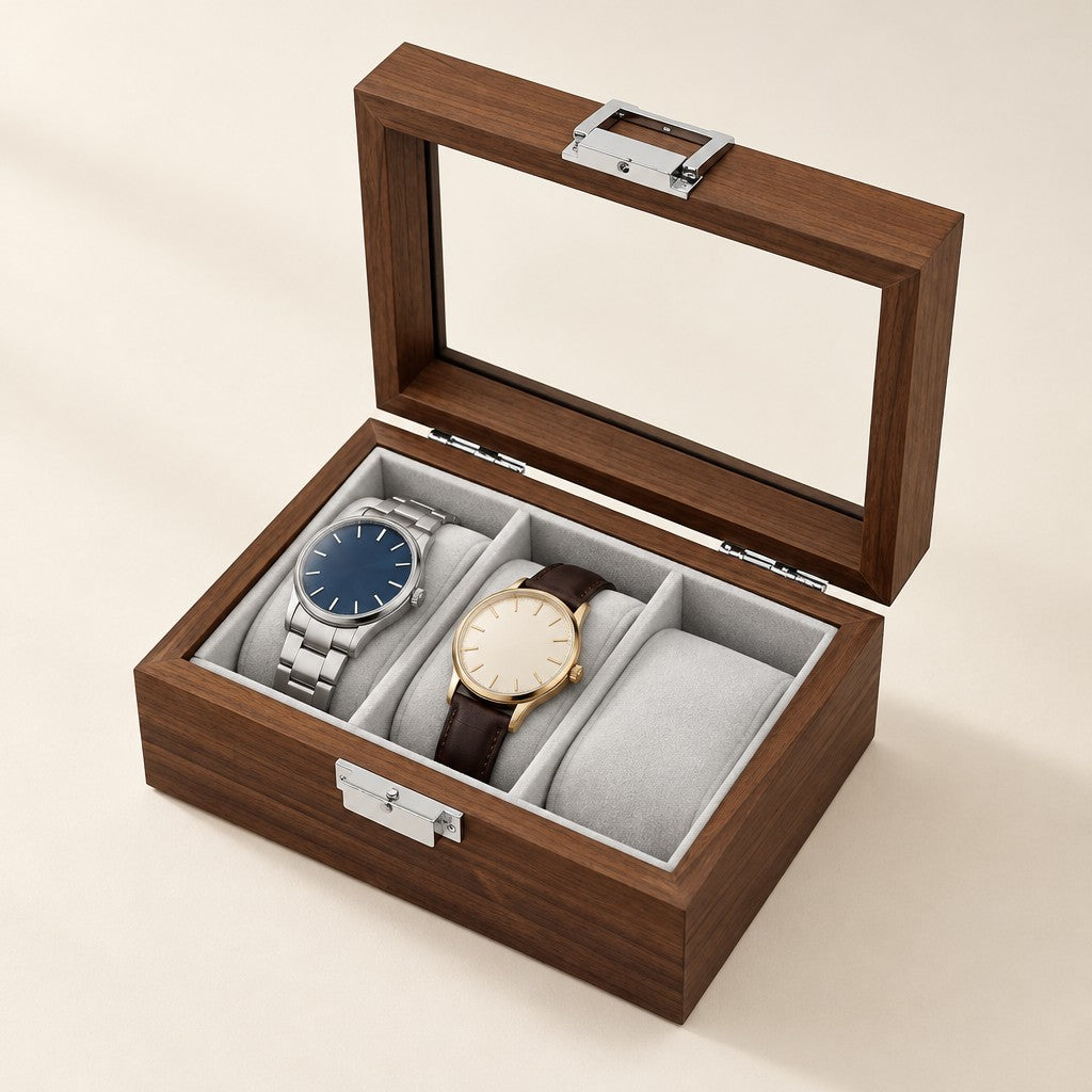 3-slot walnut-finish watch box with the glass lid open and two watches