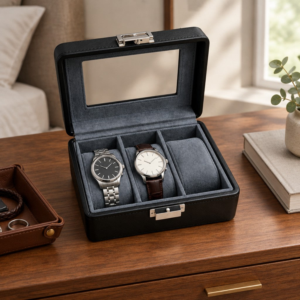 3-Slot Leather Watch Box with Clear Lid on a chest of drawers, for scale