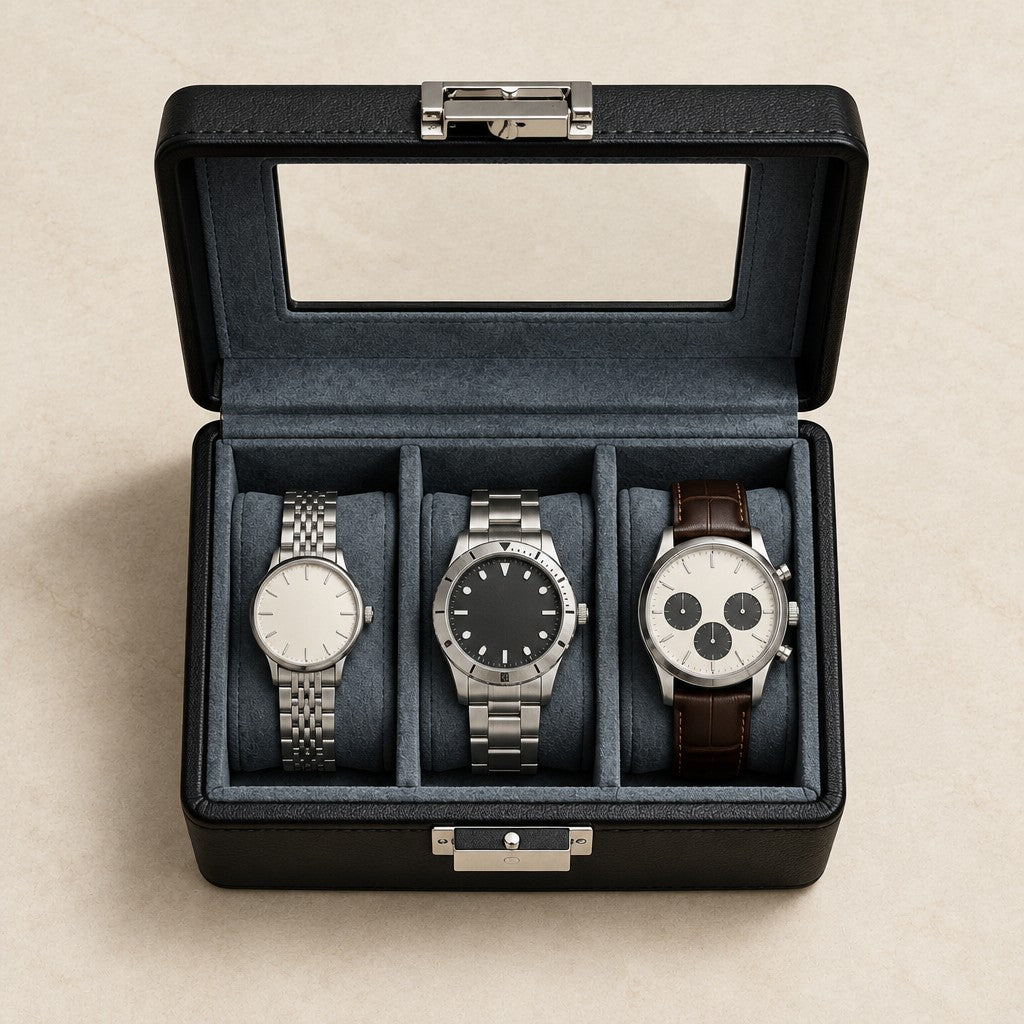 Top view of the 3-Slot Leather Watch Box with Clear Lid open, with a 36 mm, a 42 mm and a 45 mm watch