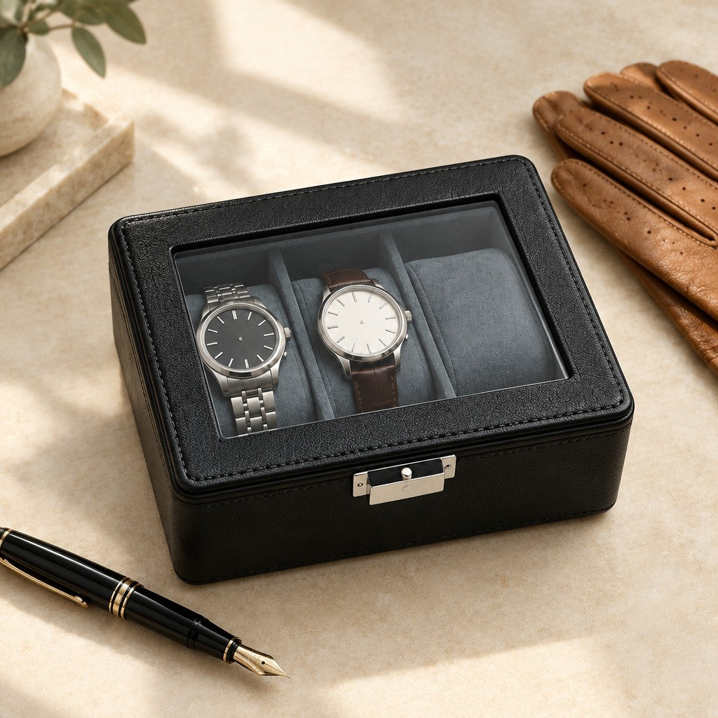3-slot black watch box closed, beside a fountain pen and leather gloves