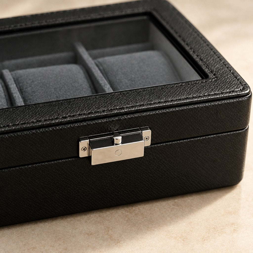 Close-up of the glass window and metal clasp of the 3-slot watch box