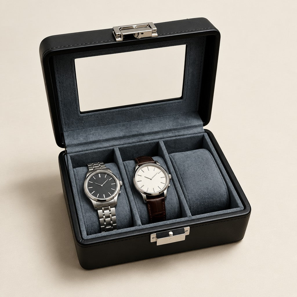 3-slot black faux leather watch box with glass lid, open with two watches