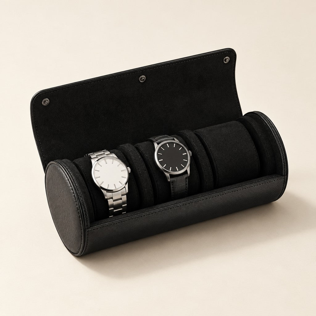 Black 3-slot watch roll open with two watches