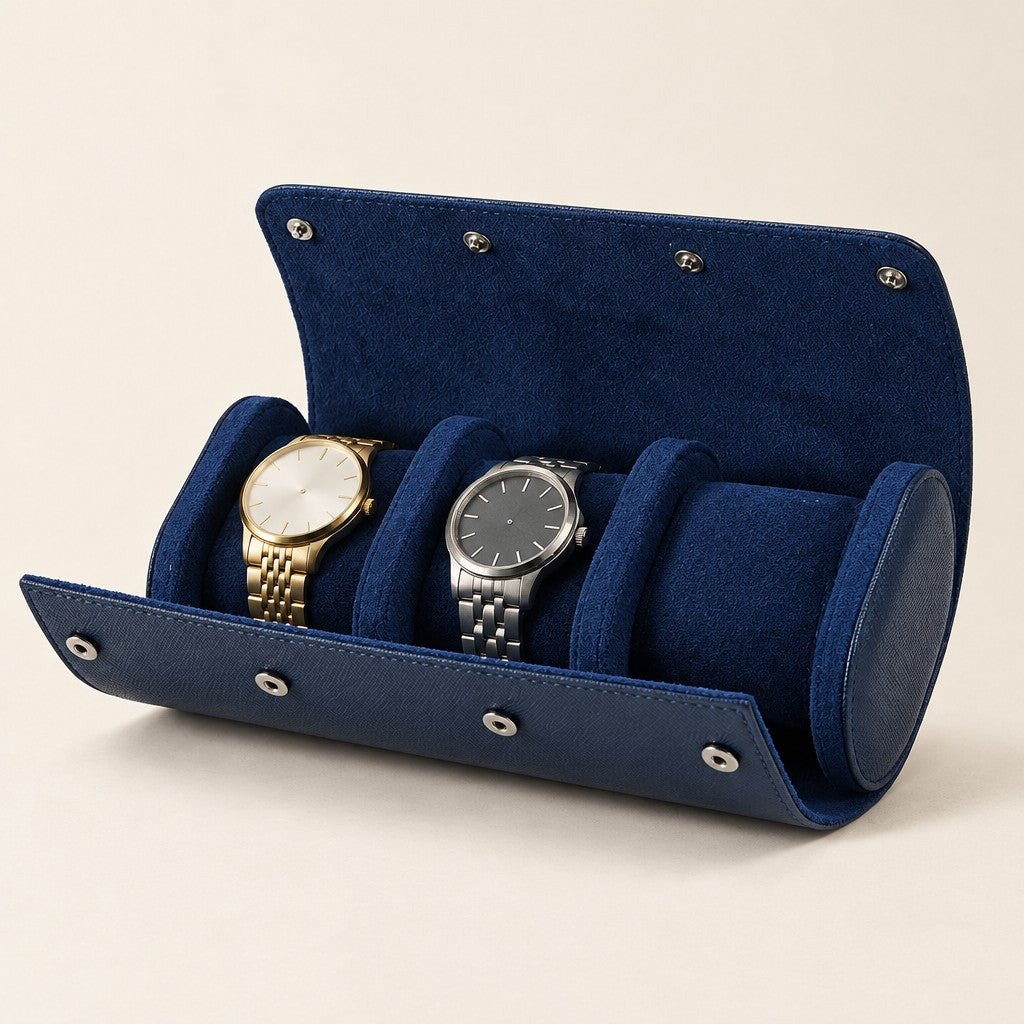 Blue 3-slot watch roll open, with two watches on navy pillows