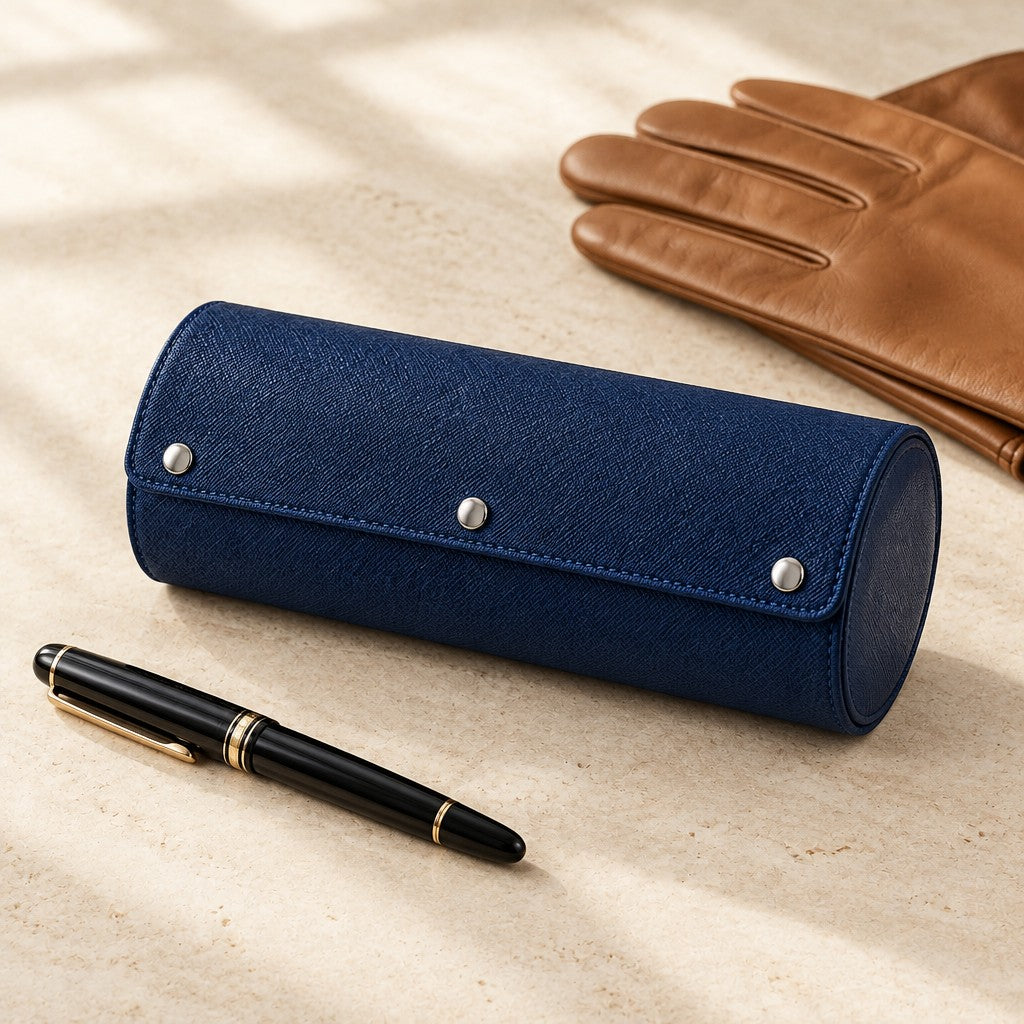 Blue 3-slot watch roll closed, beside a fountain pen and leather gloves
