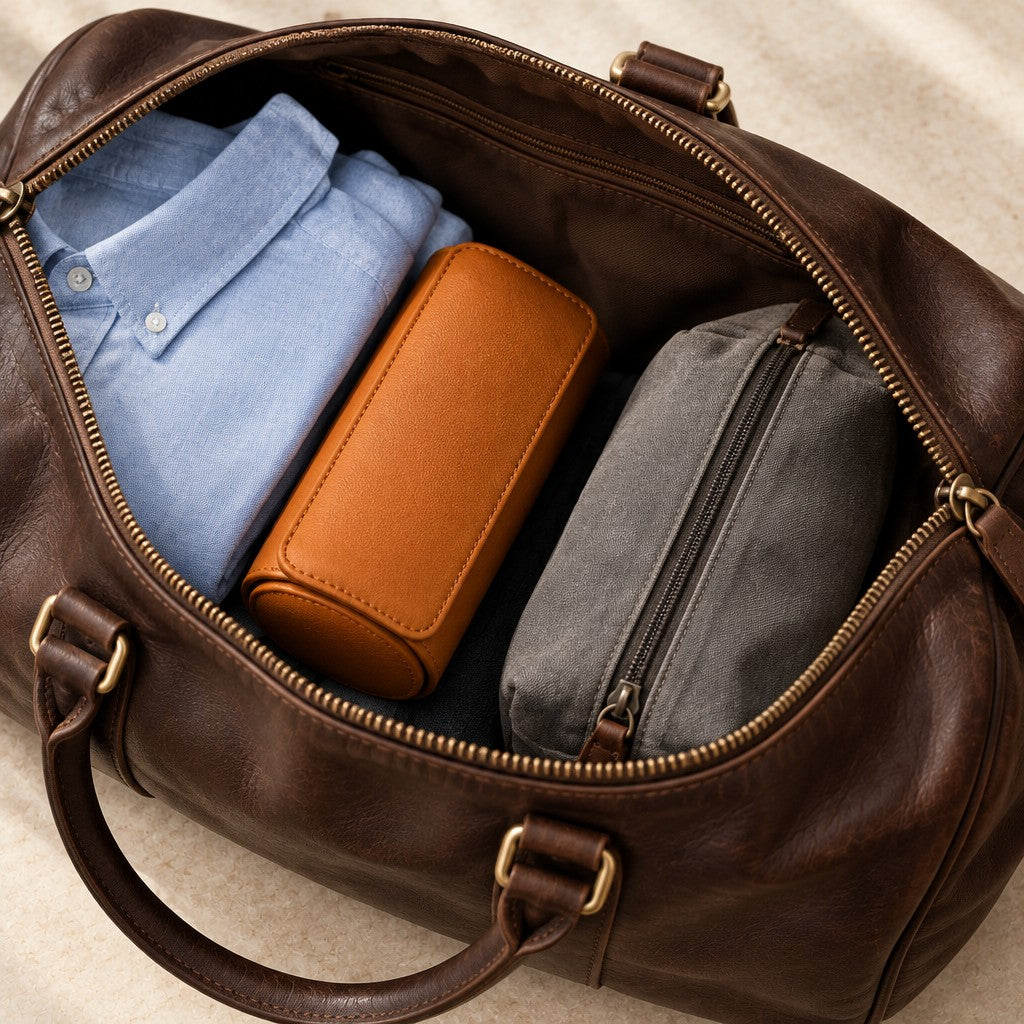 3-slot watch roll packed in an open travel bag