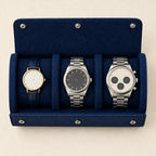 Top view of the 3-slot roll holding a 36 mm, a 42 mm and a 45 mm chronograph watch