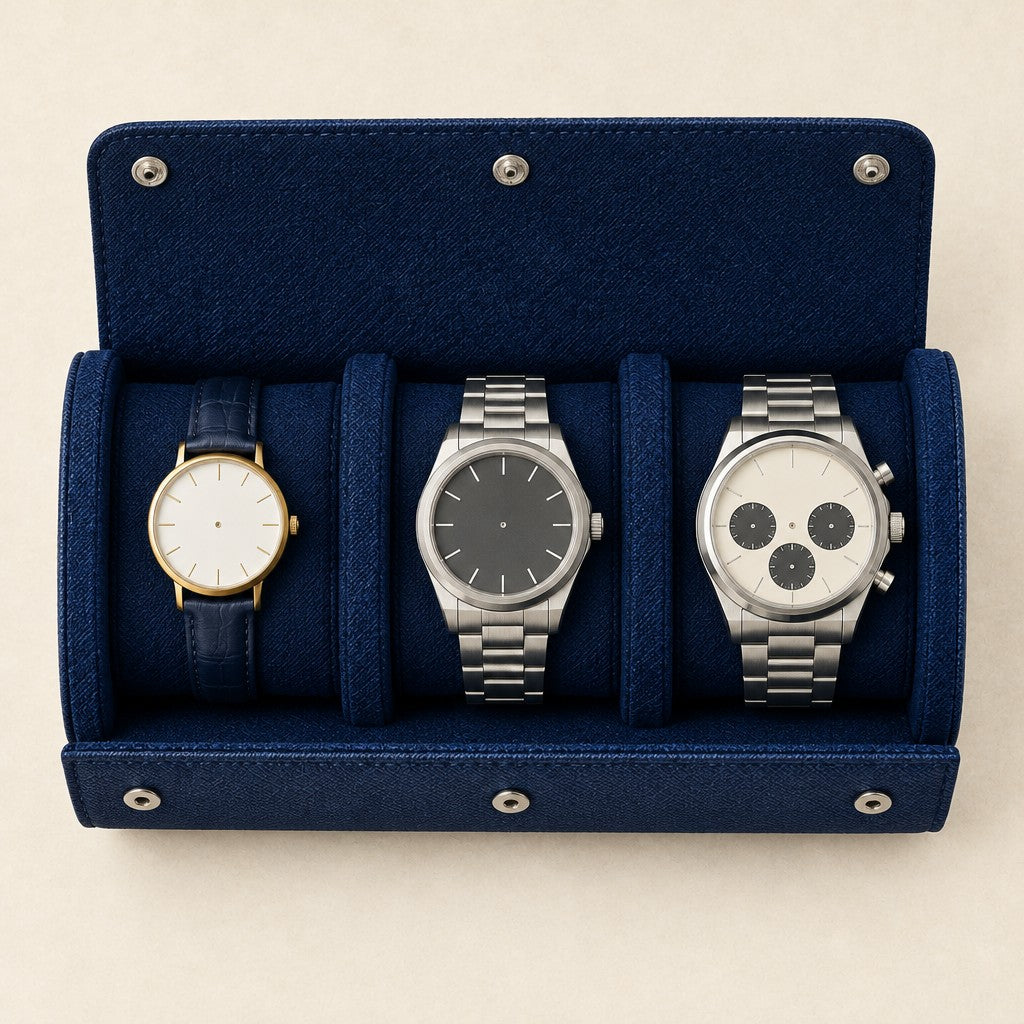 Top view of the 3-slot roll holding a 36 mm, a 42 mm and a 45 mm chronograph watch