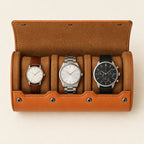 Top view of the 3-slot watch roll holding three watches of different sizes
