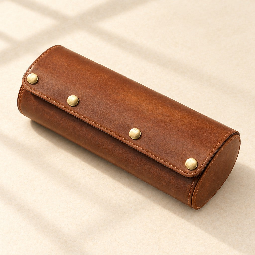 Brown 3-watch crazy horse leather case closed