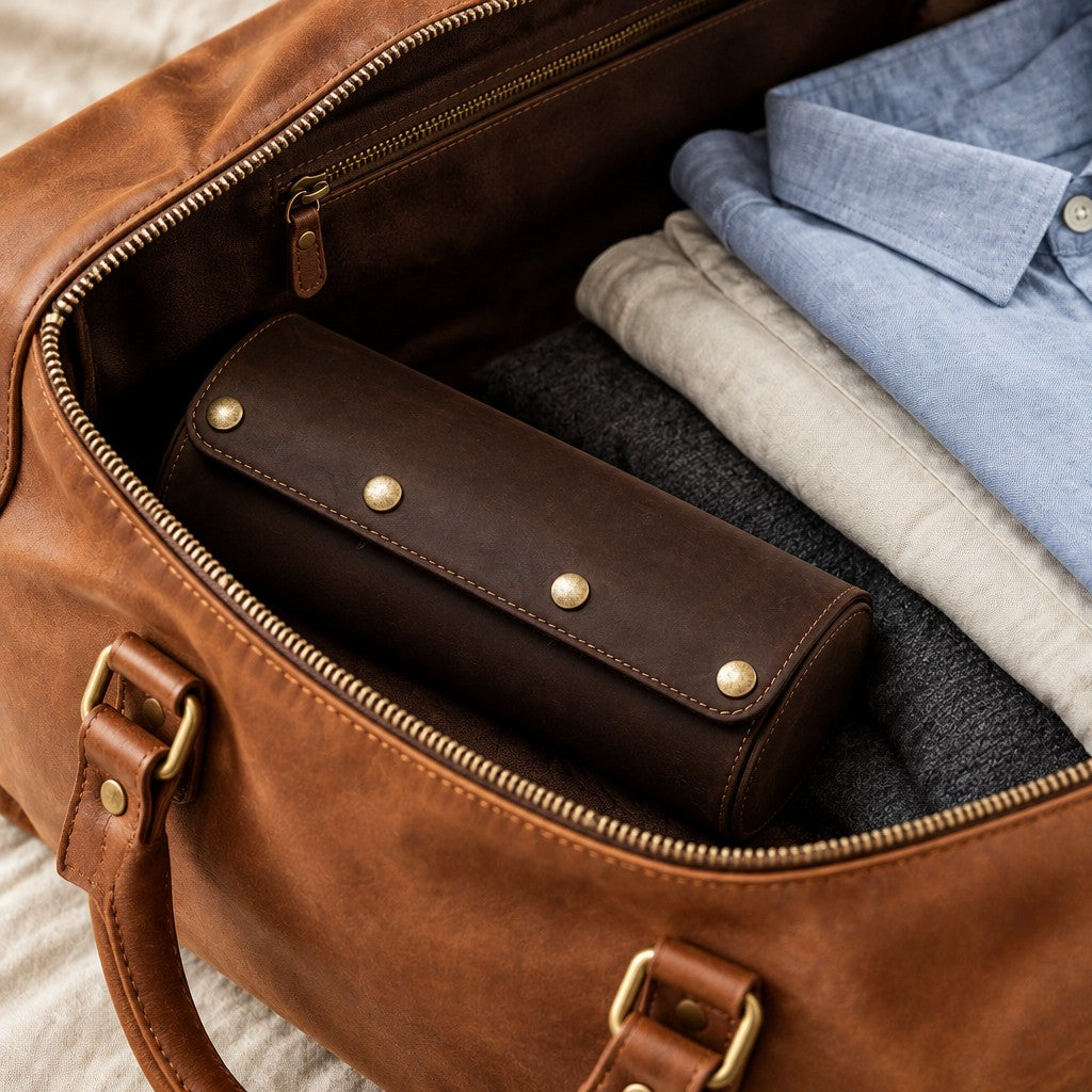 3-watch leather case packed in a leather weekender bag
