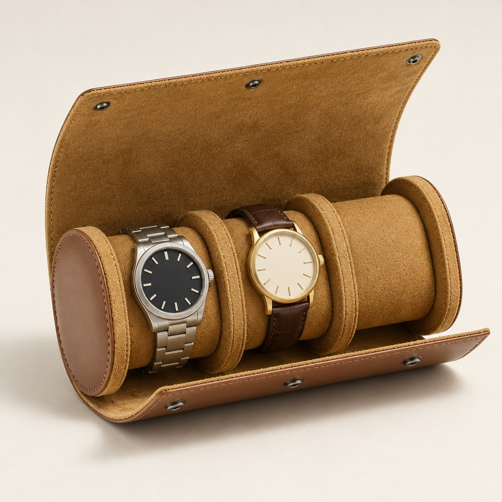Brown 3-watch travel roll open, two watches on camel cushions