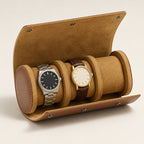 Brown 3-watch travel roll open, two watches on camel cushions