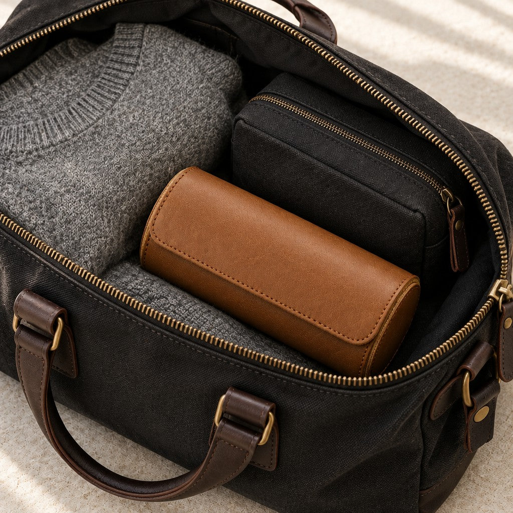3-watch travel roll packed in an open travel bag
