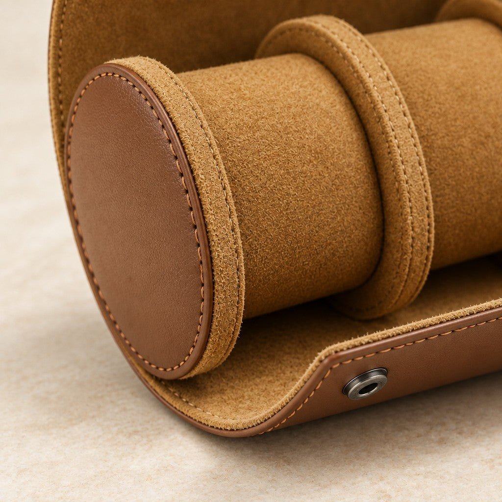 Close-up of the stitching, press stud and lining of the 3-watch travel roll