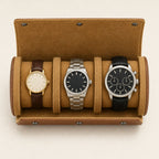 Top view of the 3-watch travel roll holding three watches of different sizes