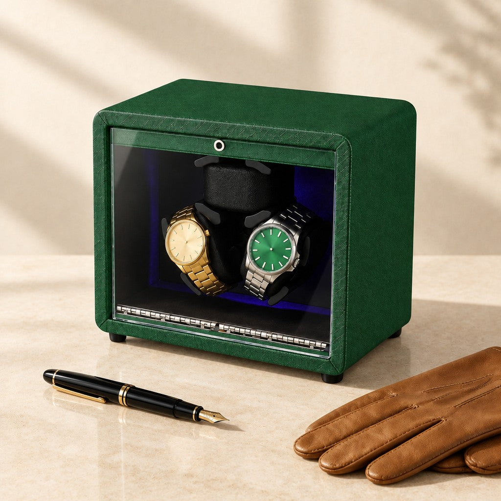 Green leather 3-watch winder closed, beside a fountain pen and leather gloves