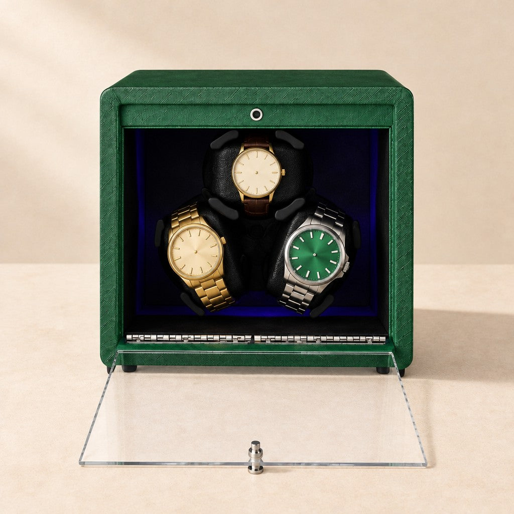 Front view of the three-pillow rotor with watches of different sizes